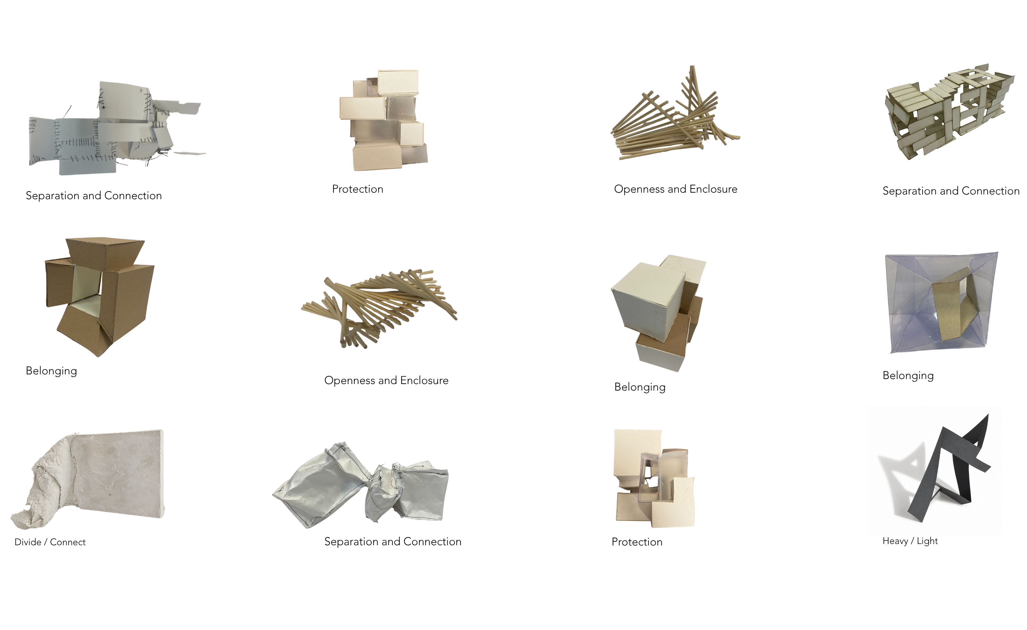 Twelve conceptual architecture models exploring protection, belonging, openness, enclosure, separation, and connection